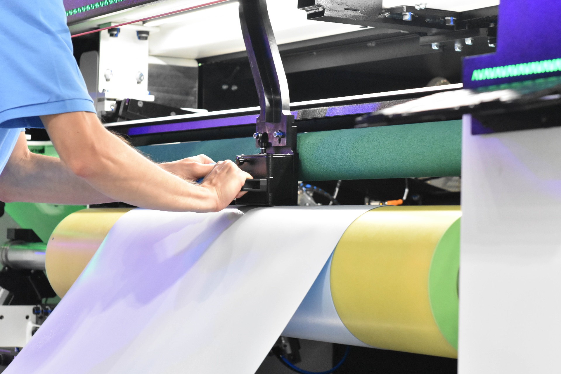 Flexographic plate mounting machinery close-up